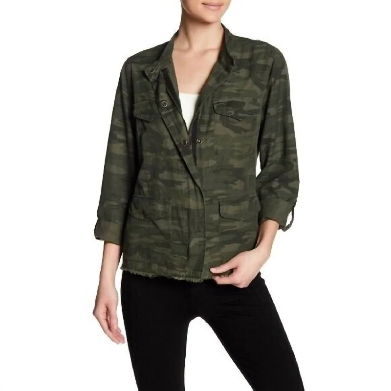 Final Sale Fray Hem Utility Camo Print Military Jacket In Green