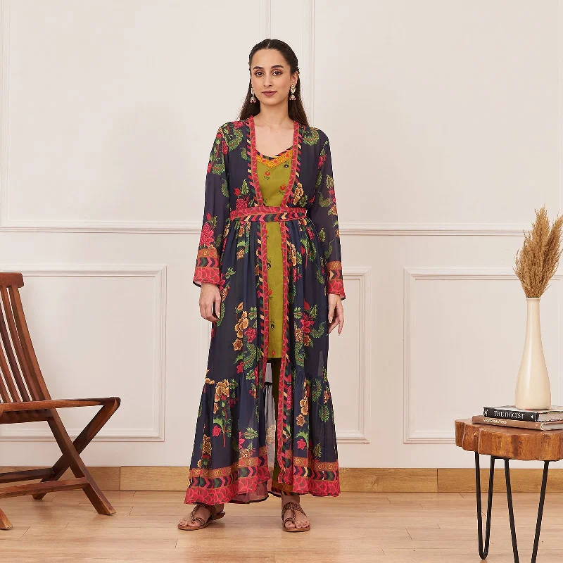 Enjoy Discount Olive Printed Tunic and Pant Set with Navy Tiered Long Shrug and Belt