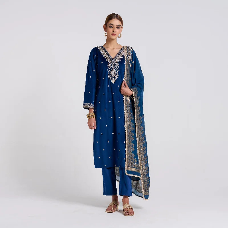 Unleash Your Trendy Side Royal Blue Varak Embroidered Velvet Set with Brocade Dupatta