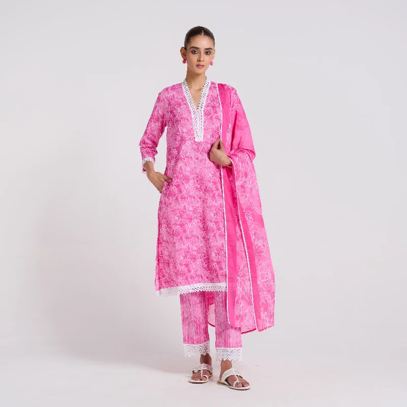 Bid Farewell To The Old Season Pink Pure Cotton Kurta Set with Dupatta and Lace Detail