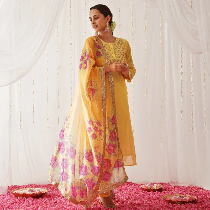 Fashion Deal Yellow Embroidered Chanderi Kurta Pant Dupatta Set for Women