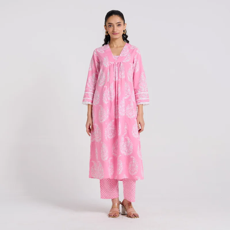 High End Women's Wear Pink Pure Cotton Paisley Kurta Pant Set