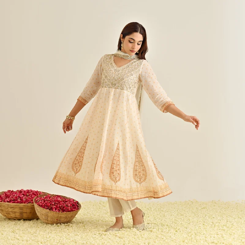 Fashion Essentials Off White Mustard Traditional Anarkali Set with Yoke Embroidery & Dupatta