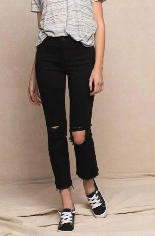 Casual Chic Straight Leg High Rise Distressed Raw Hem Jeans In Black