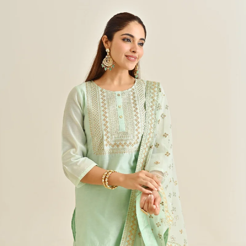 Hot Deals Mint Festive Embroidered Kurta Set with Embroidered Dupatta