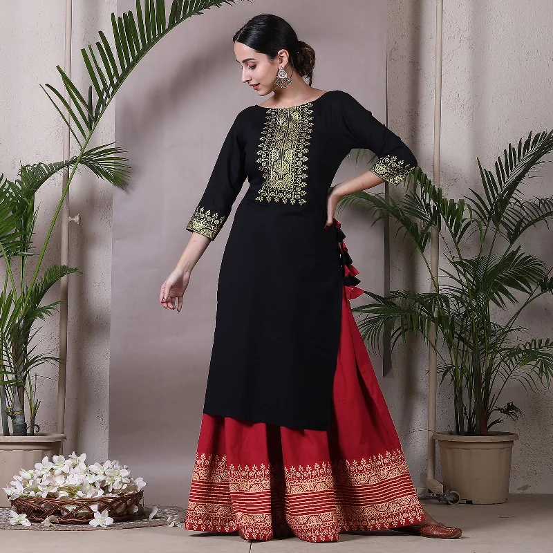 Hot Trends Black Gold Printed Kurta with Maroon Skirt & Tassels