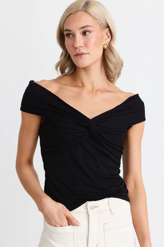 Wardrobe Essentials Whiskey Black Stretch Twist Front Top