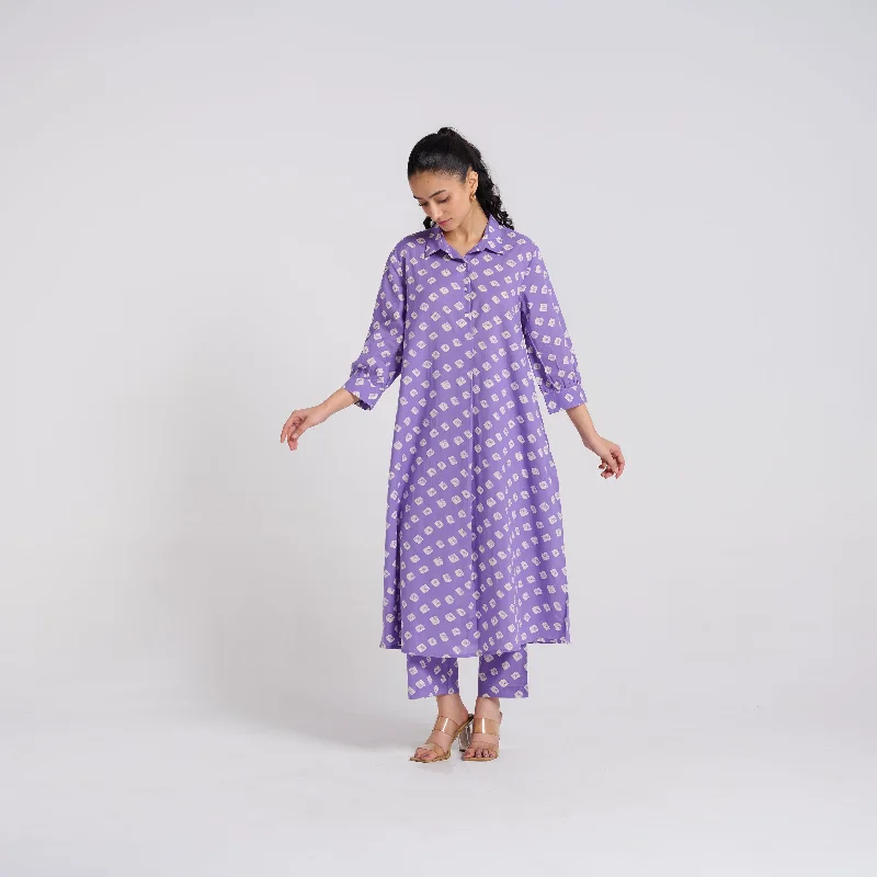 Chic & Cozy Collection Lavender Breezy Pure Cotton Kurta Pant Set with Shirt Collar