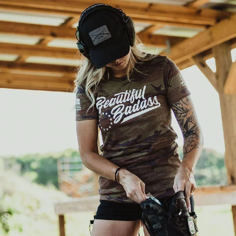 Trendy Clothing Sale Women's Beautiful Badass T-Shirt - Woodland Camo