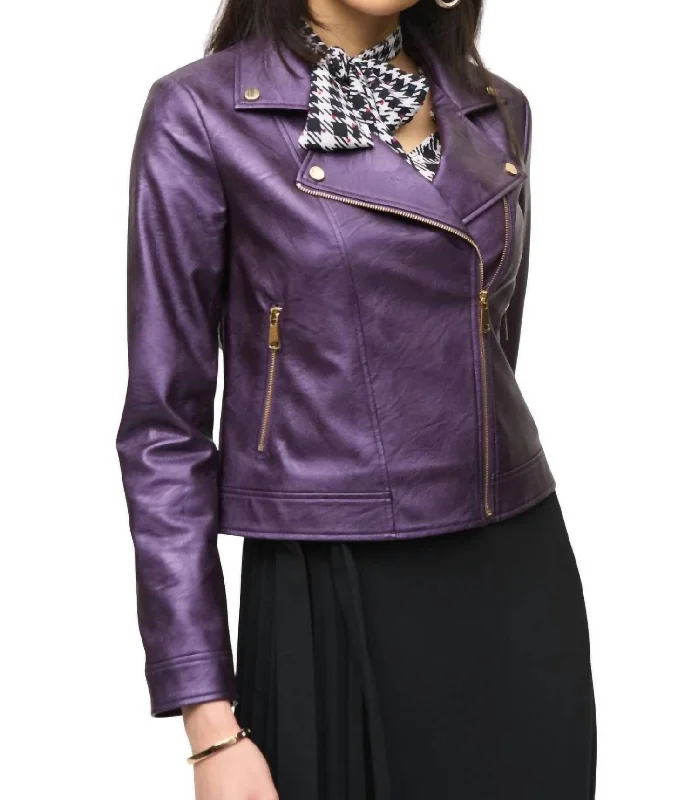 New Styles Just In Faux Leather Biker Jacket In Blackcurrant