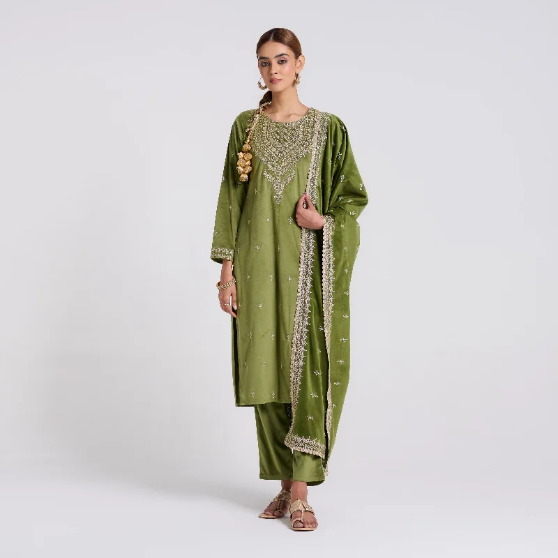 Style Versatile Women's Collection Olive Embroidered Gulzaar Velvet Set with Dupatta