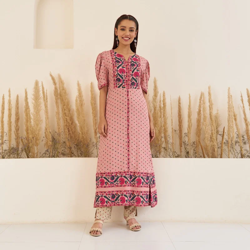 Fashionista Favorites Baby Pink Bandhani Inspired Kurta Pant Co-ord Set for Women with Puff Sleeves