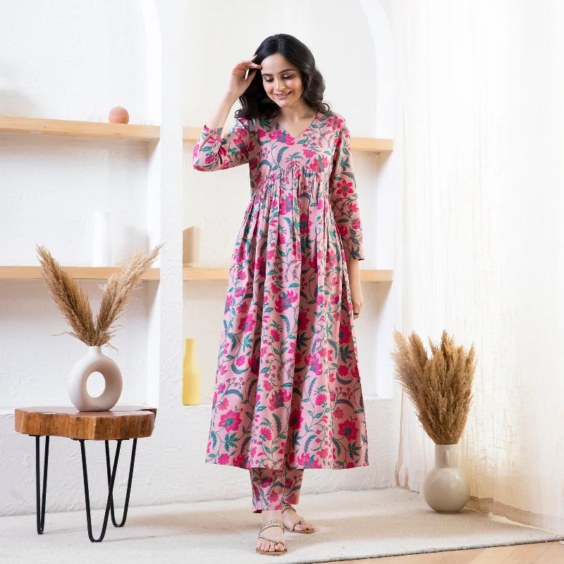 Save Big Baby Pink Floral Front Gathered Kurta Pant Co-ord Set