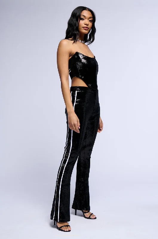 Break Fashion Norms GET DOWN ON IT SEQUIN FLARE TROUSER IN BLACK