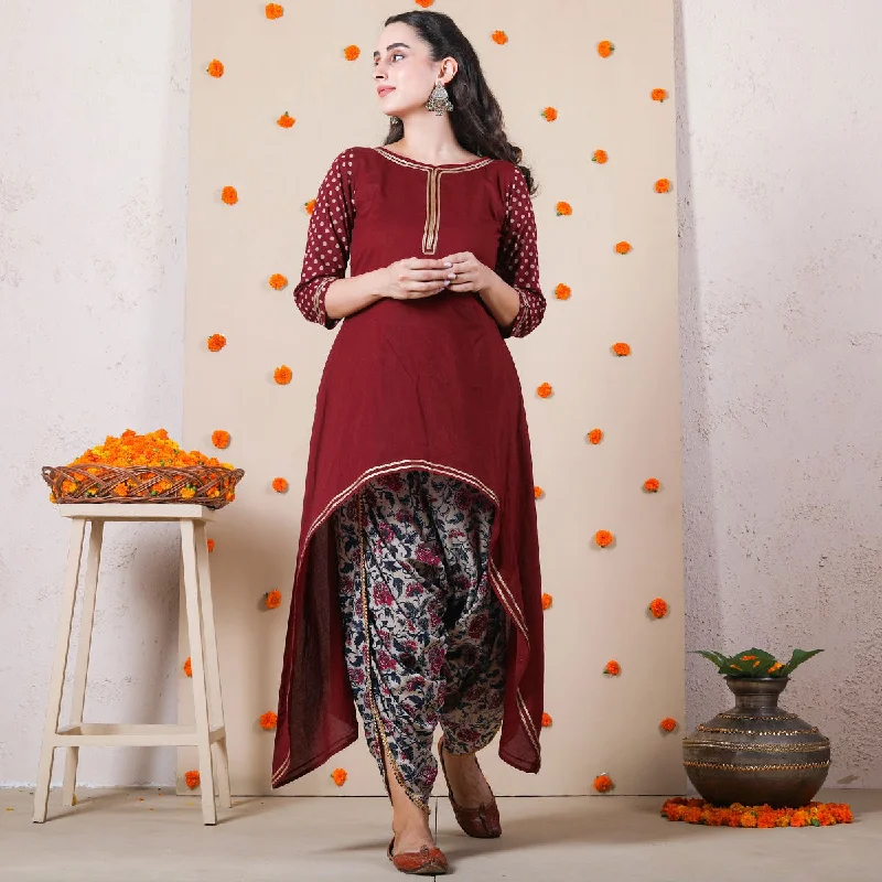 Flash Sale Starts Maroon Polka Asymmetric Kurta & Beige Floral Dhoti Set with Gota Details