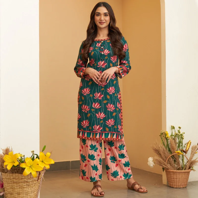 Athleisure Wear Special Offer Turquoise Pink Lotus Print Kurta Pant Co-ord Set