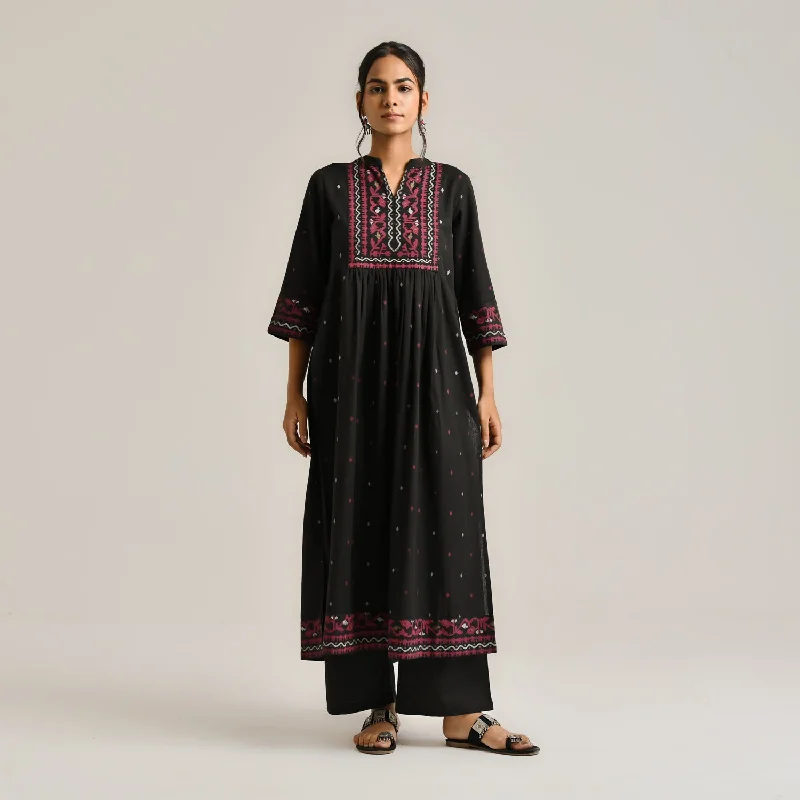 Wardrobe Essentials Black Linen Cotton Jamdani Printed Kurta Set with Side Slit