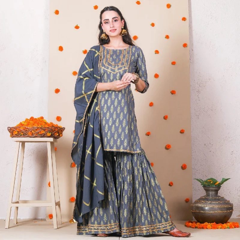 Season Sale Grey Traditional Festive Gharara Kurta Dupatta Set with Gota Work