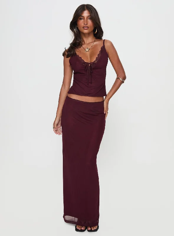 The Latest Fashion Trends Reiko Lace Trim Tie Front Maxi Set Burgundy