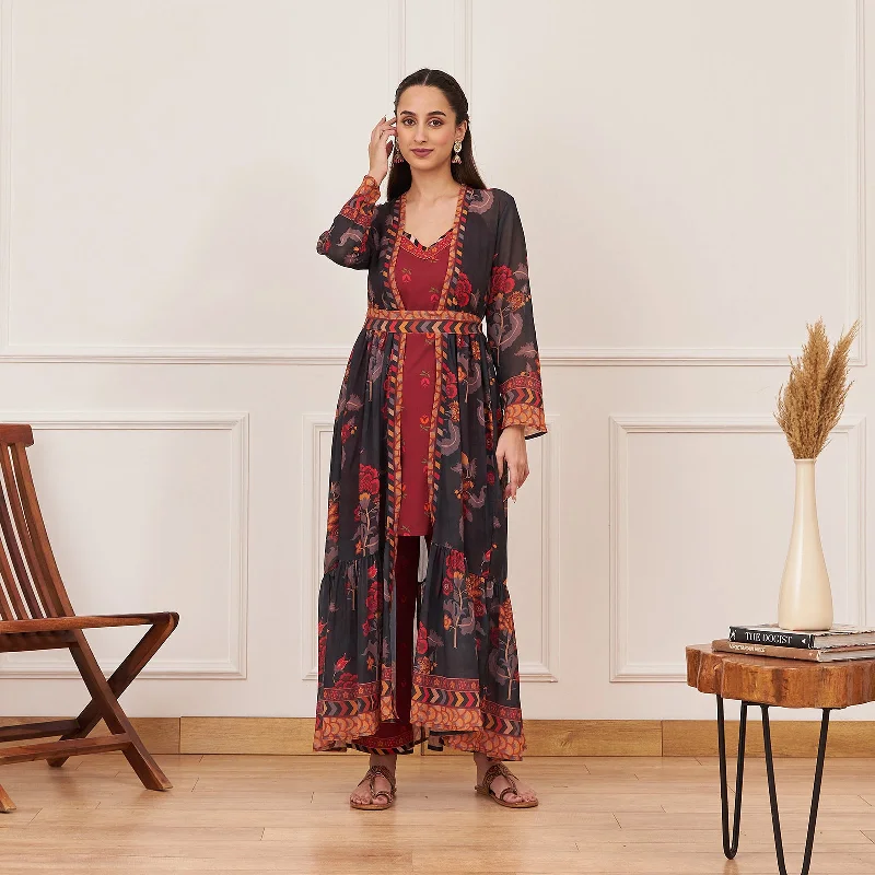 Unleash Your Fashion Maroon Printed Tunic and Pant Set with Black Tiered Long Shrug and Belt