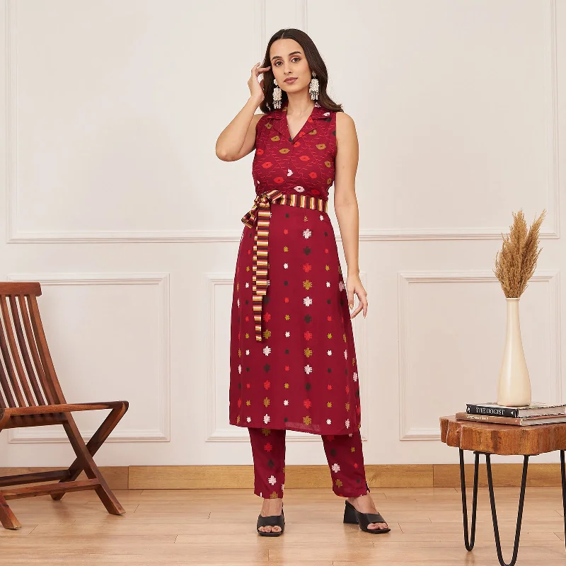 Season Offer Maroon Ikat Inspired Kurta Pant Co-ord Set with Belt