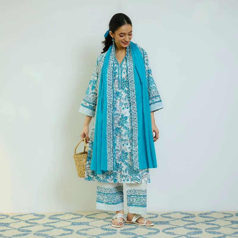 Chic Trends For The Fashion Savvy Ocean Blue Sanganeri Printed Cotton Kurta Set with Contrast Mul Cotton Dupatta