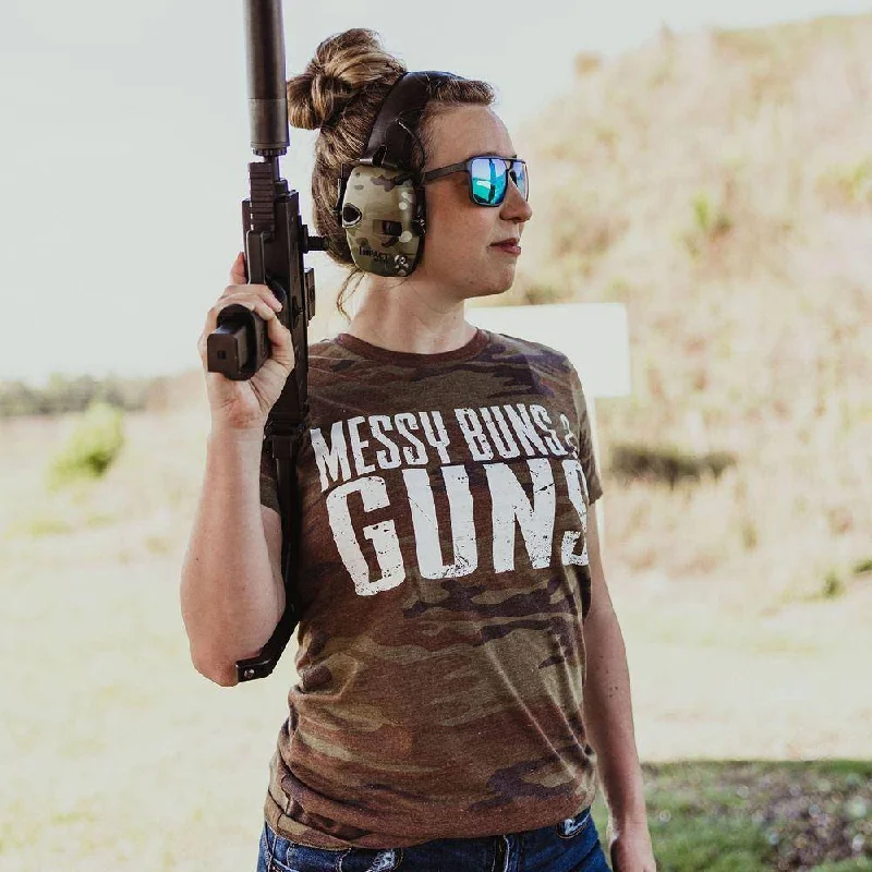 Athleisure Wear Promotion Women's Messy Buns & Guns T-Shirt - Woodland Camo